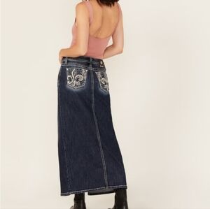 Miss Me Dark Wash Embroired Pocket Maxi Denim Skirt